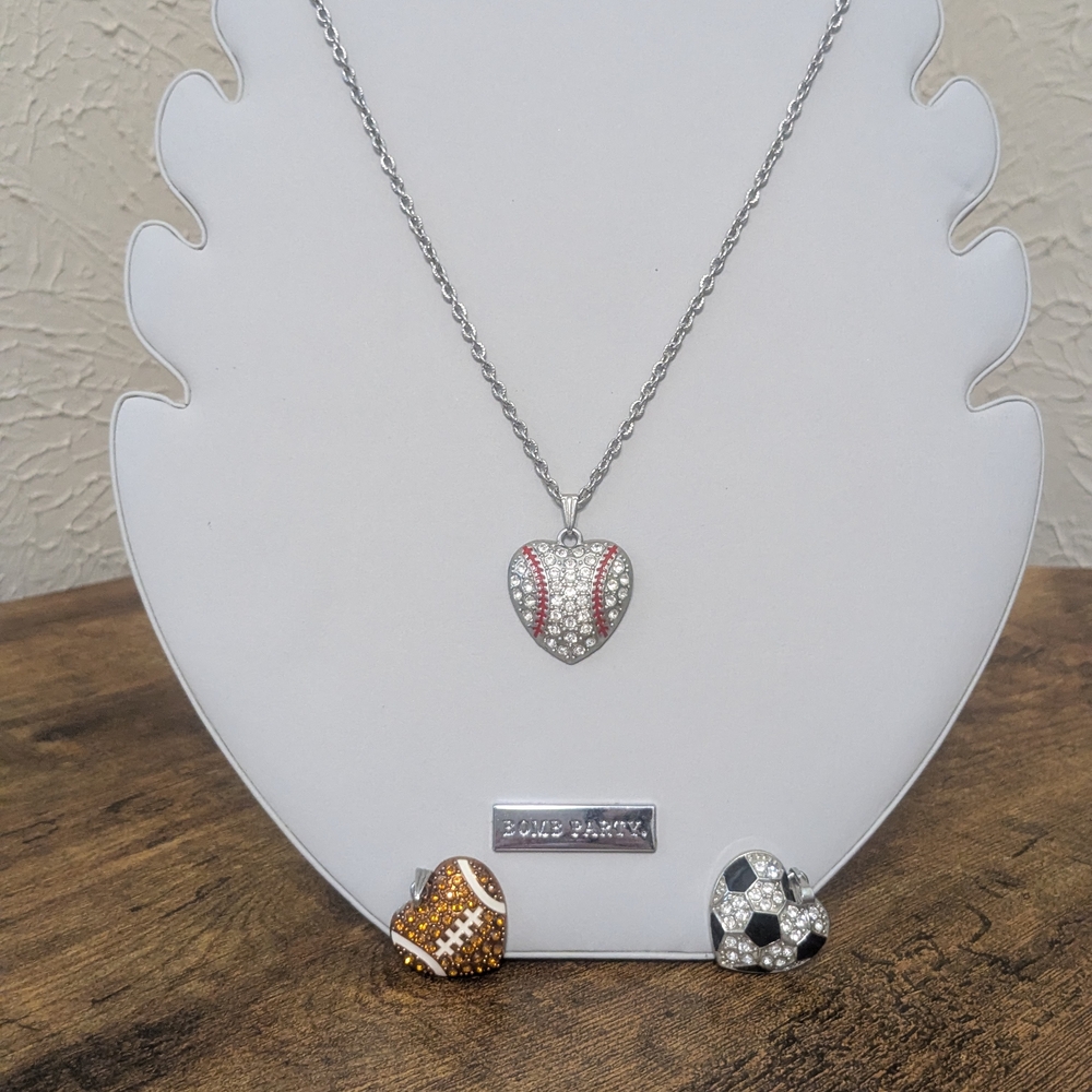 Heart Shaped Baseball, Football, And Soccer Pendant Necklace